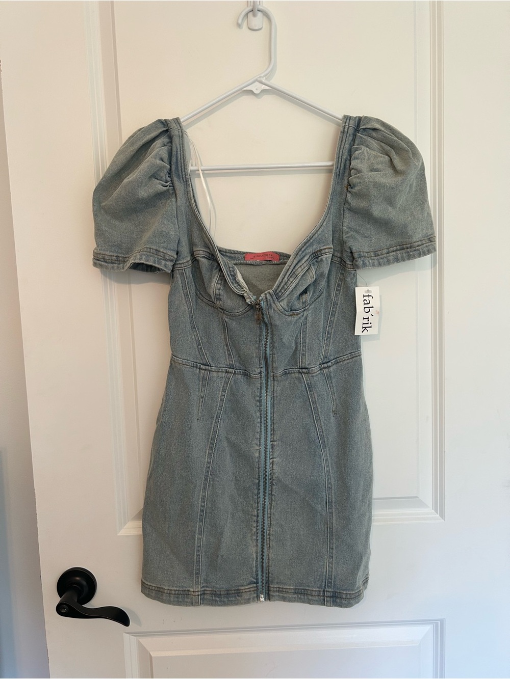 Fab'rik Puff-Sleeve Denim Mini Dress in Faded Blue